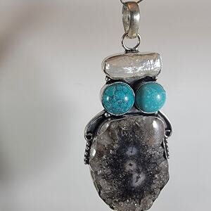 Druzy Pendant Necklace – With Turquoise & Pearl + 20" Silver Snake Chain
